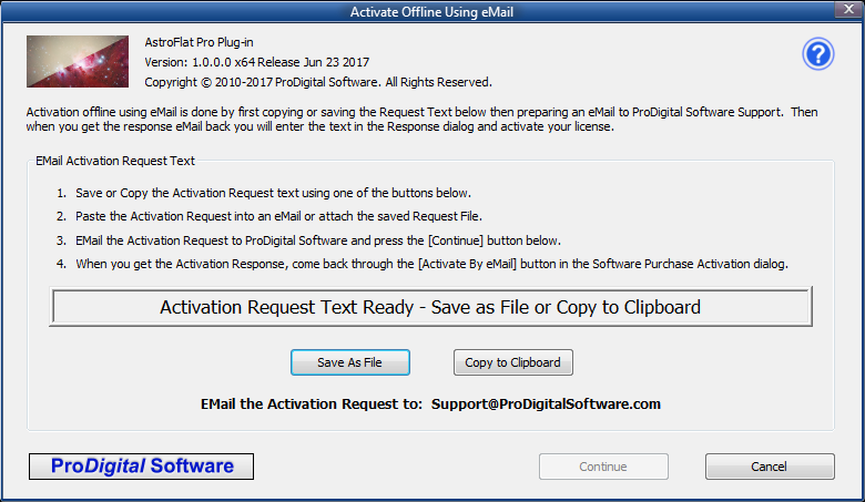 Activate Offline Using eMail dialog