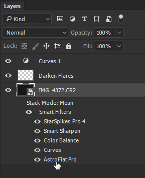 The Photoshop Layers panel showing AstroFlat Pro as a Smart Filter