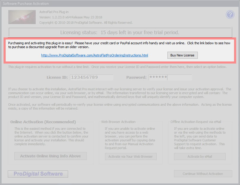 Buy New License portion of the Software Purchase Activation dialog