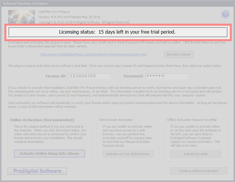 Free Trial Status section of the Software Purchase Activation dialog