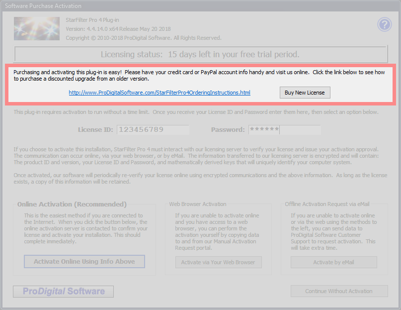 Buy New License portion of the Software Purchase Activation dialog