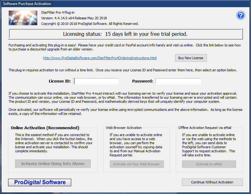 Software Purchase Activation Dialog