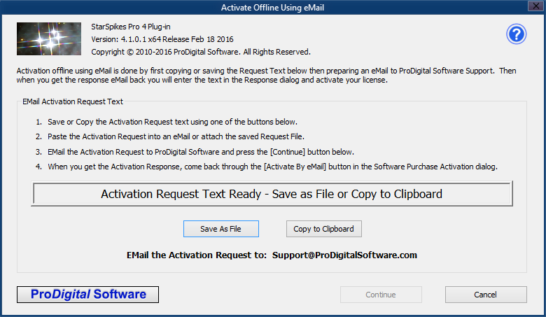 Activate Offline Using eMail dialog