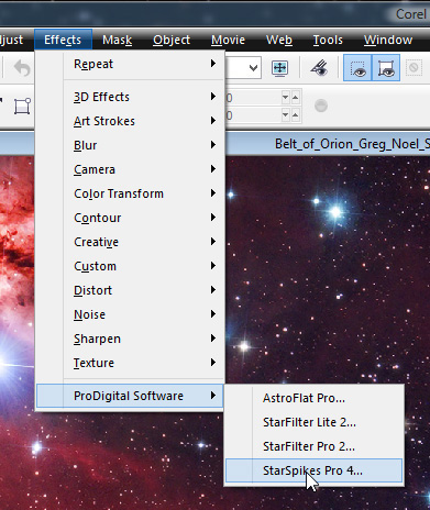 Where to Find StarSpikes Pro 4 in the PHOTO-PAINT Menus
