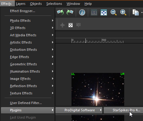 Where to Find StarSpikes Pro 4 in the PaintShop Pro Menus