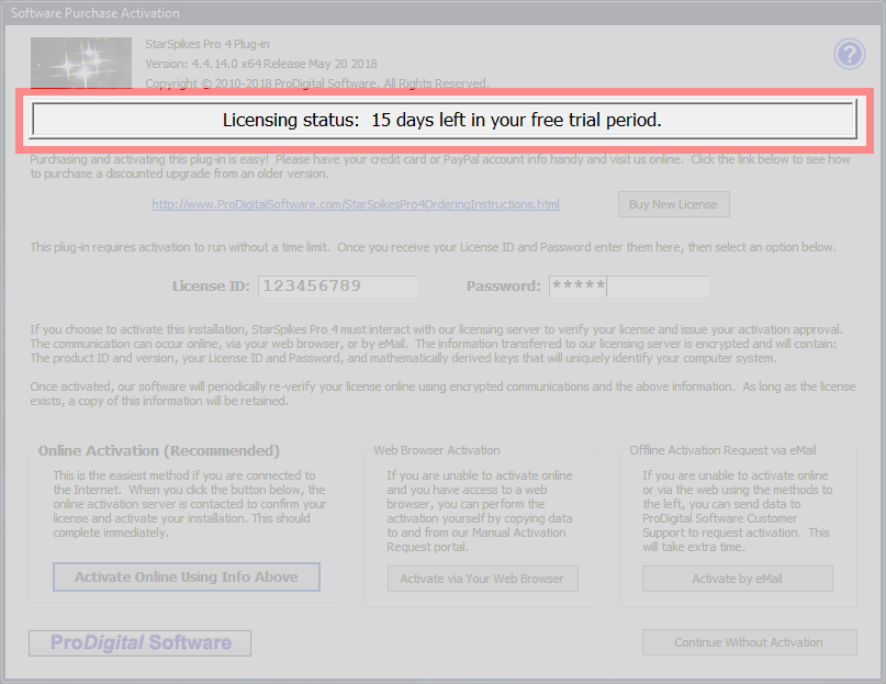 Free Trial Status section of the Software Purchase Activation dialog