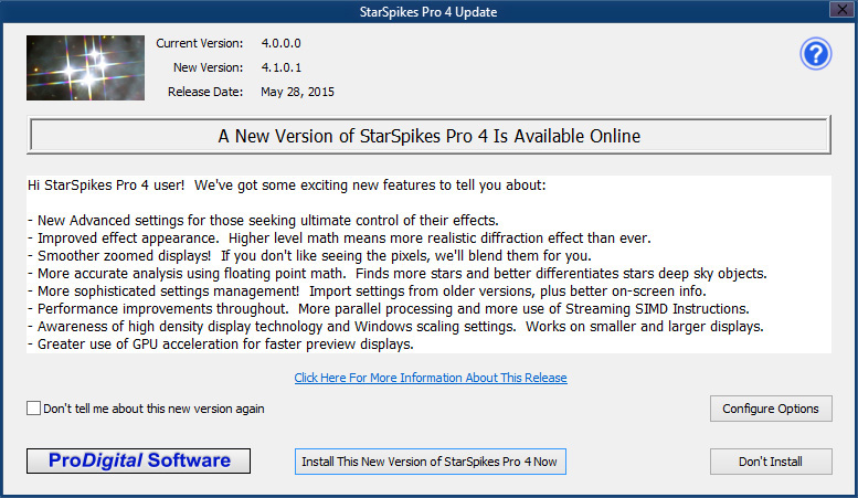 StarSpikes Pro 4 Update Dialog