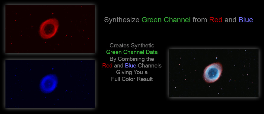 [Creates a synthetic green channel from red and blue data to form a full-color RGB image.]
