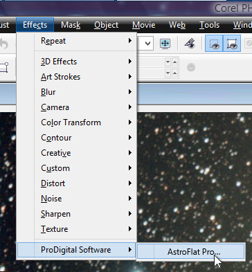 Where to Find AstroFlat Pro in the PHOTO-PAINT Menus