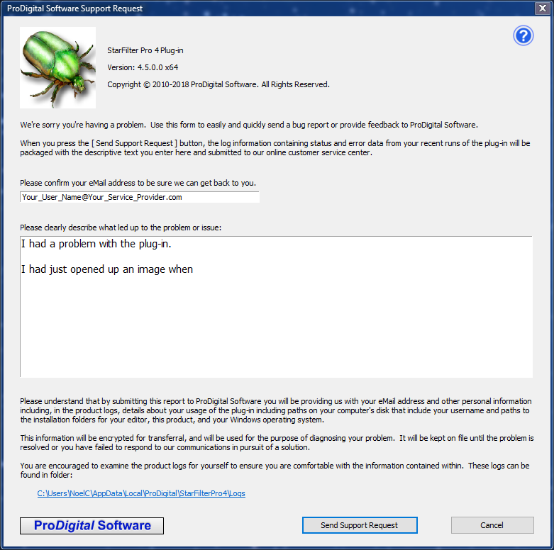 The plug-in's Support Request dialog